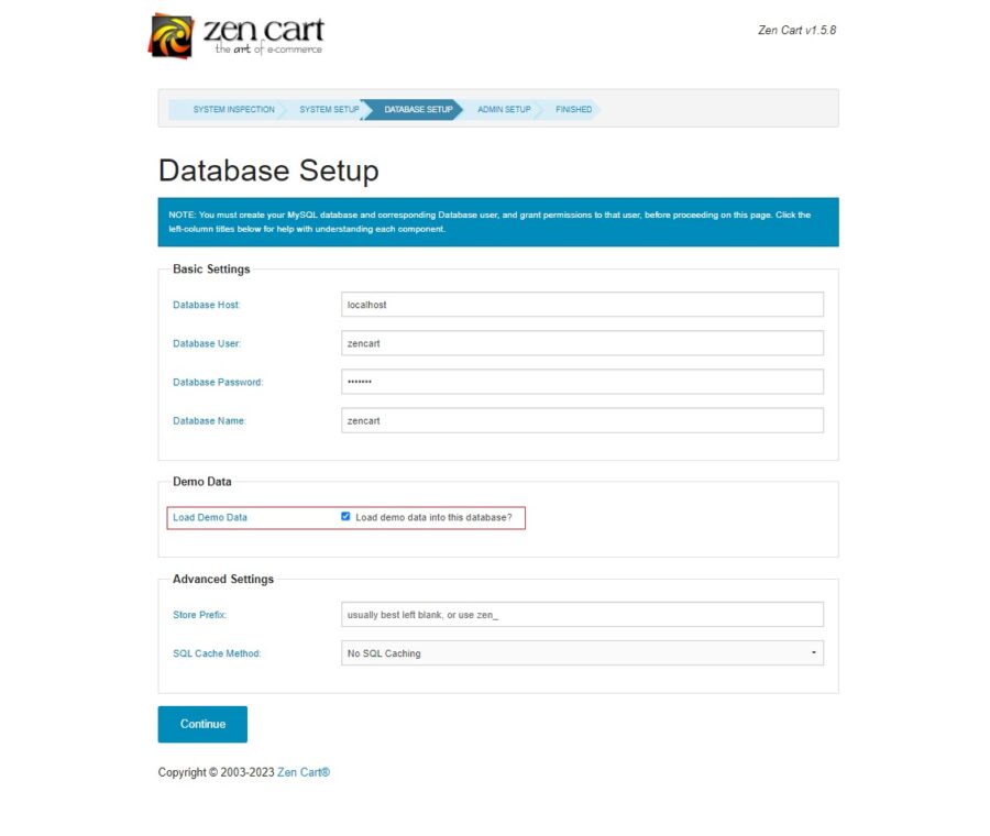 Zen Cart Database Setup